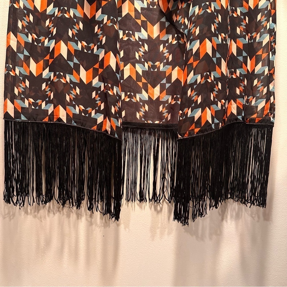 LulaRoe Monroe OpenFront Black Fringe Chiffon Sheer Coat Duster Bohemian Batwing - Picture 9 of 16